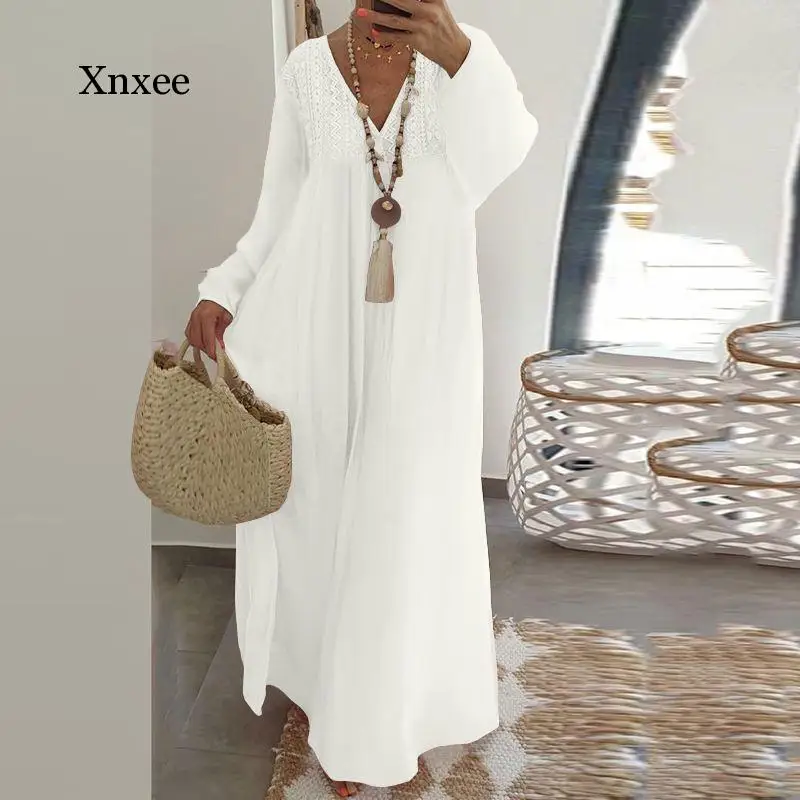 

White Bohemian Women Long Dress Maxi Dress Summer Casual Loose Ruffles Party Vestidos Sexy V Neck Lantern Sleeve Lace