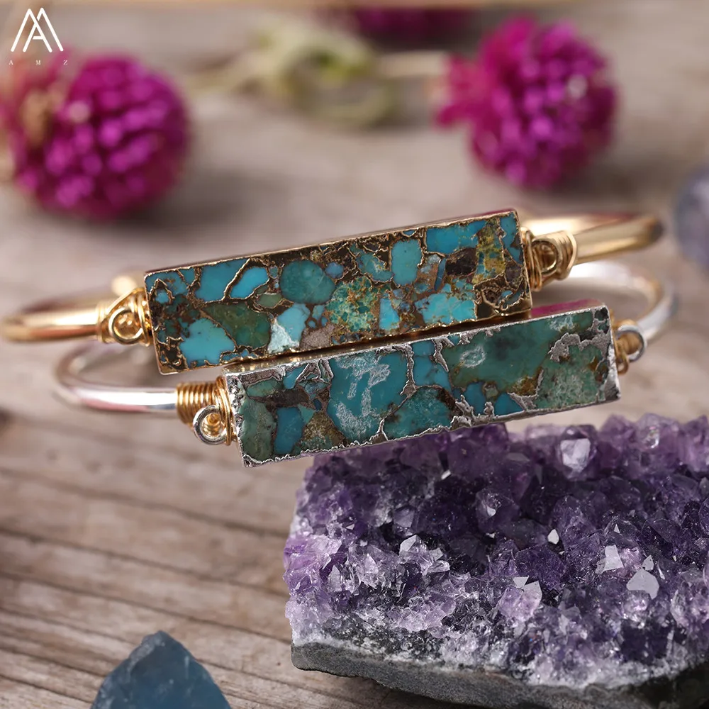 Trendy Women Gold Line Turquoises Open Cuff Bracelets Natural Gemstone Wire Wrap Bangles Birthday Gifts