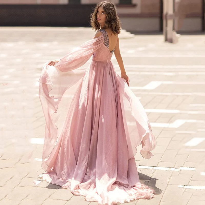 Vestido de noche rosa con un hombro descubierto, gasa Sexy, escote Corazón, abertura lateral alta, Formal, fiesta de graduación, largo