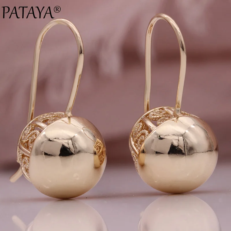 PATAYA New Hollow Spherical Long Earrings Women Glossy Dangle Earrings 585 Rose Gold Color Wedding Unique Fine Fashion Jewelry