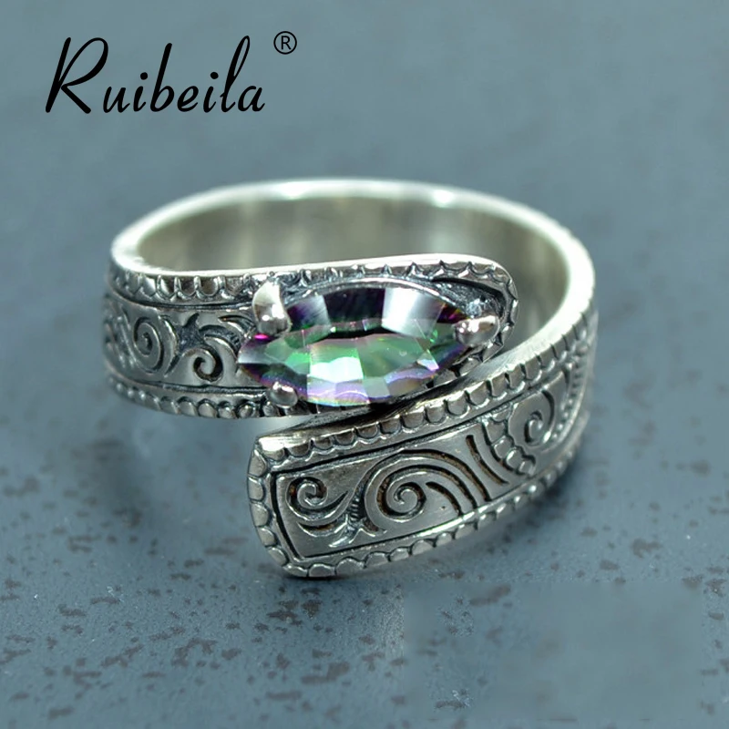 

ruibeila Symphony Ring Retro Pattern Ring 100% 925 Sterling Silver Ring Thai Silver Ring Men's and Women's Open Gem Ring