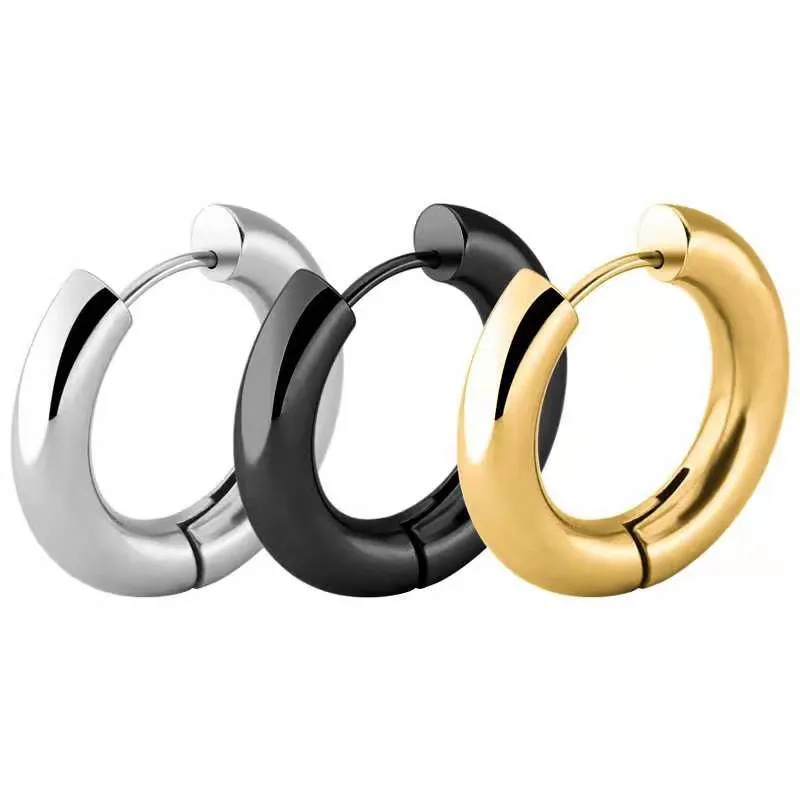 Chunky Thick Stainless Steel Huggie Hoop Simple Piercing Small Black Women Man Big Circle Hoops Earring Round Jewelry