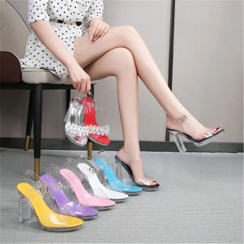 New 2024 Women 11 CM High Heels Roman Style Transparent Crystal Sandals Fetish Platform Block Lady Summer Party Prom Dress Shoes