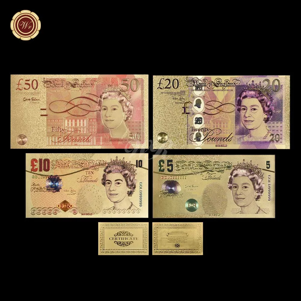 Full Set Colored Gold Foil Banknote Queen Elizabeth United Kindom Pound Banknote Uk Gbp Fake Money Bill Souvenir Business Gift