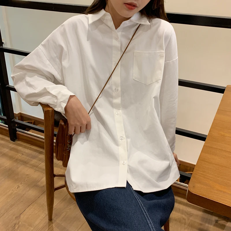 White Shirt Woman 2020 Autumn Street Style Casual Pocket Twill Long Sleeve Oversized Loose Blouse Female Cotton Plus Size Tops