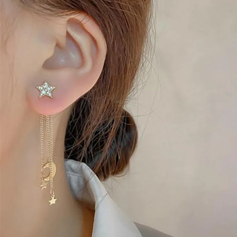 Pendientes colgantes de cristal coreanos para mujer, aretes largos con borla de luna y estrella, Colgate de cristal joyería de temperamento, novedad de 2022