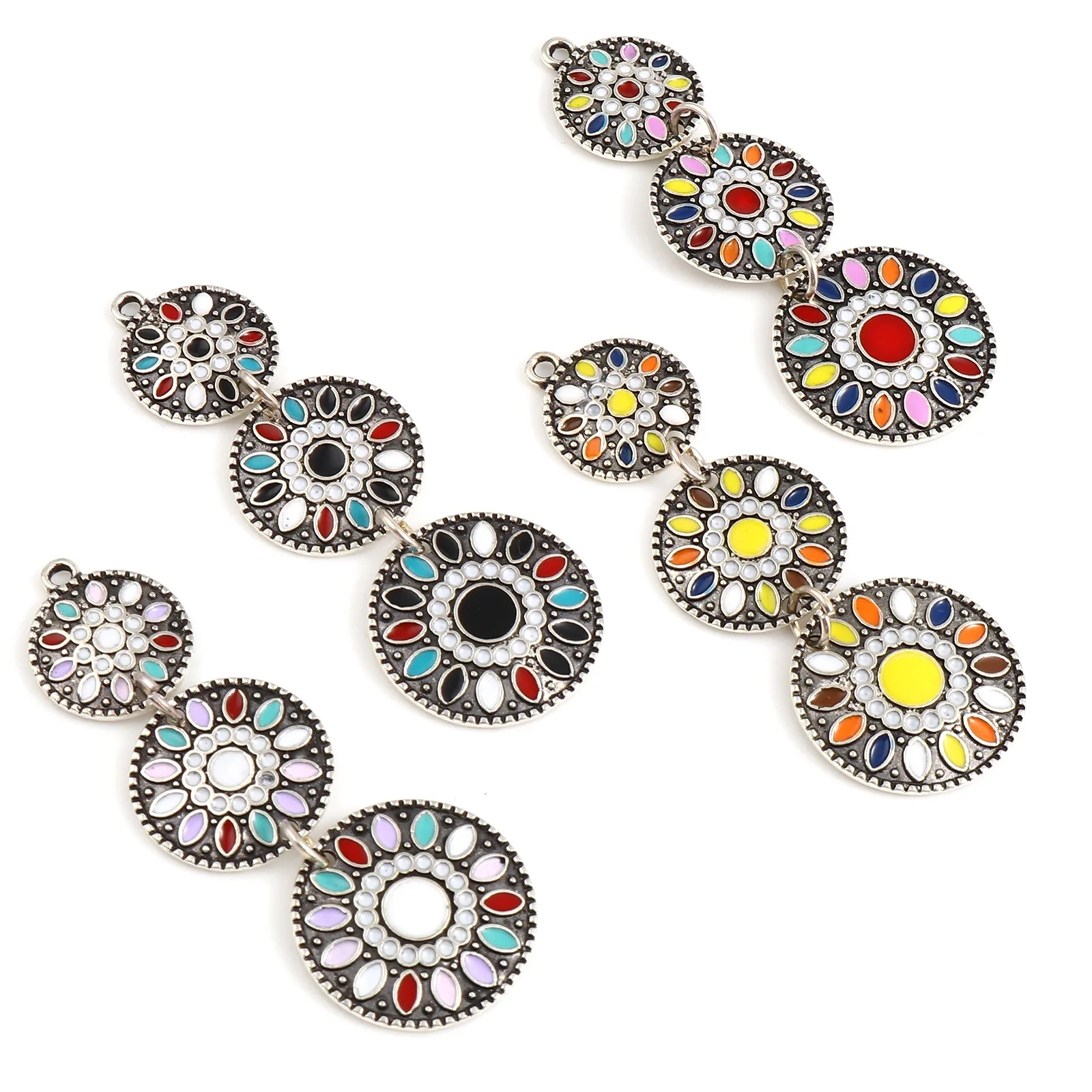 Bohemian Pendants Geometric Round Antique Silver Color Multicolor Enamel Metal Charms DIY Making Earrings Jewelry 55mmx19mm,2PCs