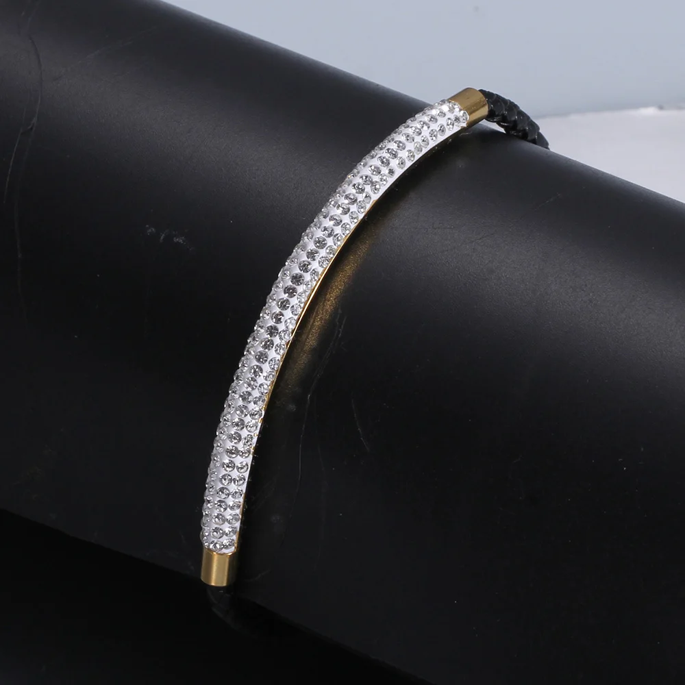 Stainless Steel Magnetic  Clasp Bracelet Fashion  Jewelry Crystal Rhinestone Charm Leather Wrap Bracelets For Women