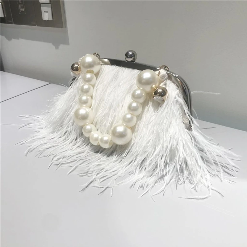 Ladies Evening Handbag Feather Clutch Bag Wedding Purse Feather Shoulder Bag Luxury 2 Type Chain Snake Chain & Pearl Short Chain