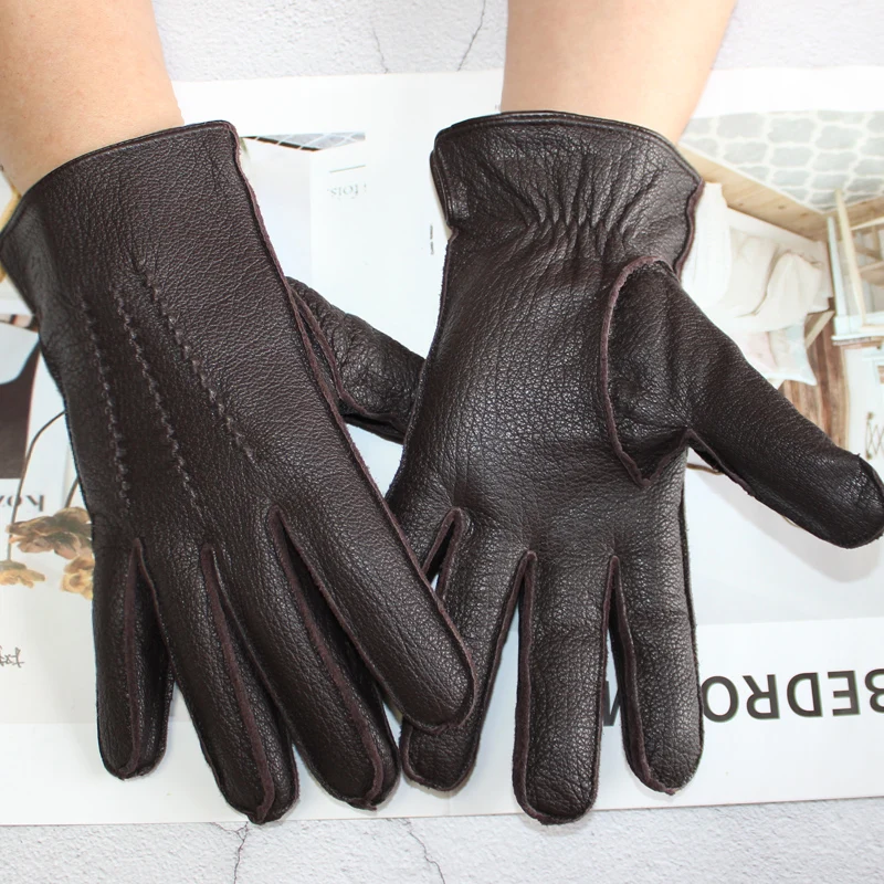 New Deerskin Gloves Men's Leather Outer Stitched Striped Retro Motorcycle Riding Driving Autumn and Winter Wool Knitted Lining