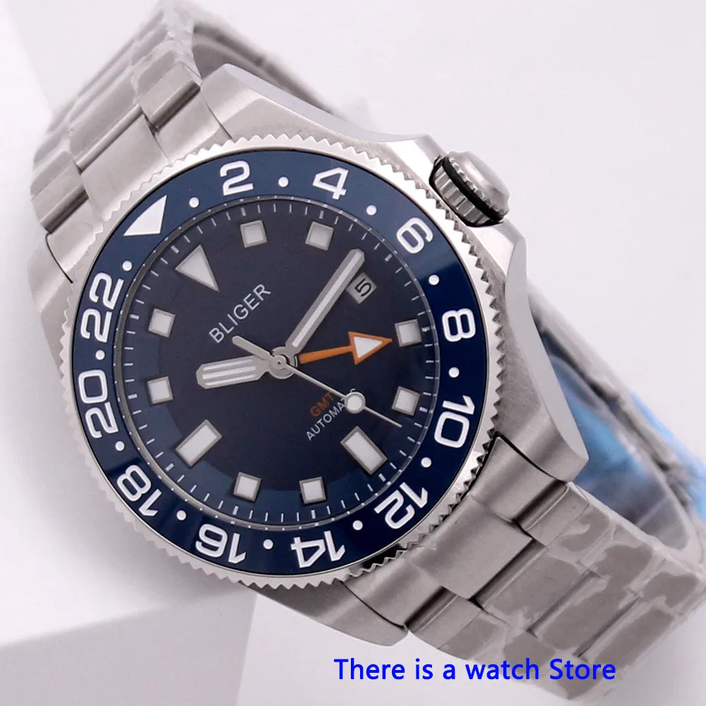 Bliger 43mm Blue Dial Automatic Mechanical Mens GMT Watch Luxury Business Calendar Clock Sapphire Glass Luminous Wristwatch Men