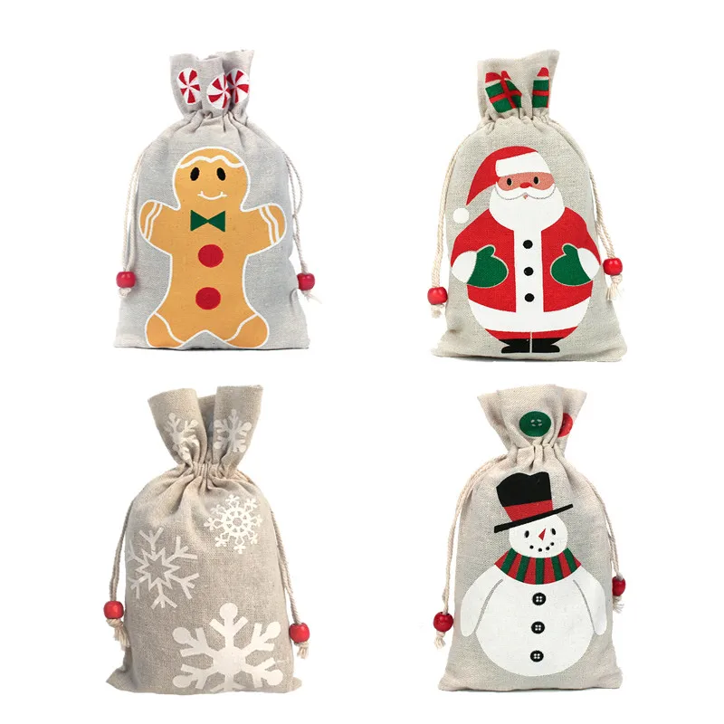 13*23cm Christmas Gift Bag Santa Gingerbread Man Cotton Burlap Bag for Candy Bag Jewelry Bag Christmas Gift Drawstring Bag