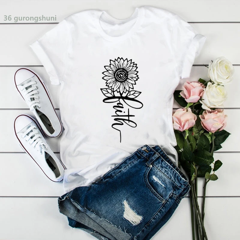 Women t-shirt with floral sun flower pattern print t shirt femme Harajuku kawaii  tshirt summer highquality tumblr tops tee