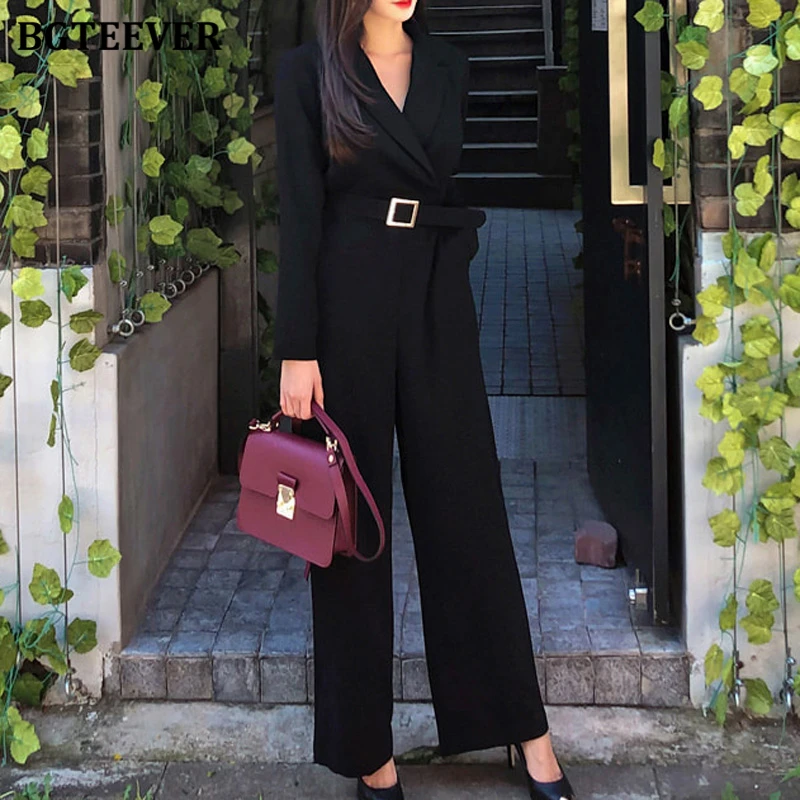 BGTEEVER Office Wear Ladies Playsuit Notched Collar V-neck Belted Slim Waist Female Jumpsuit Rompers Autumn Loose Overalls 2020