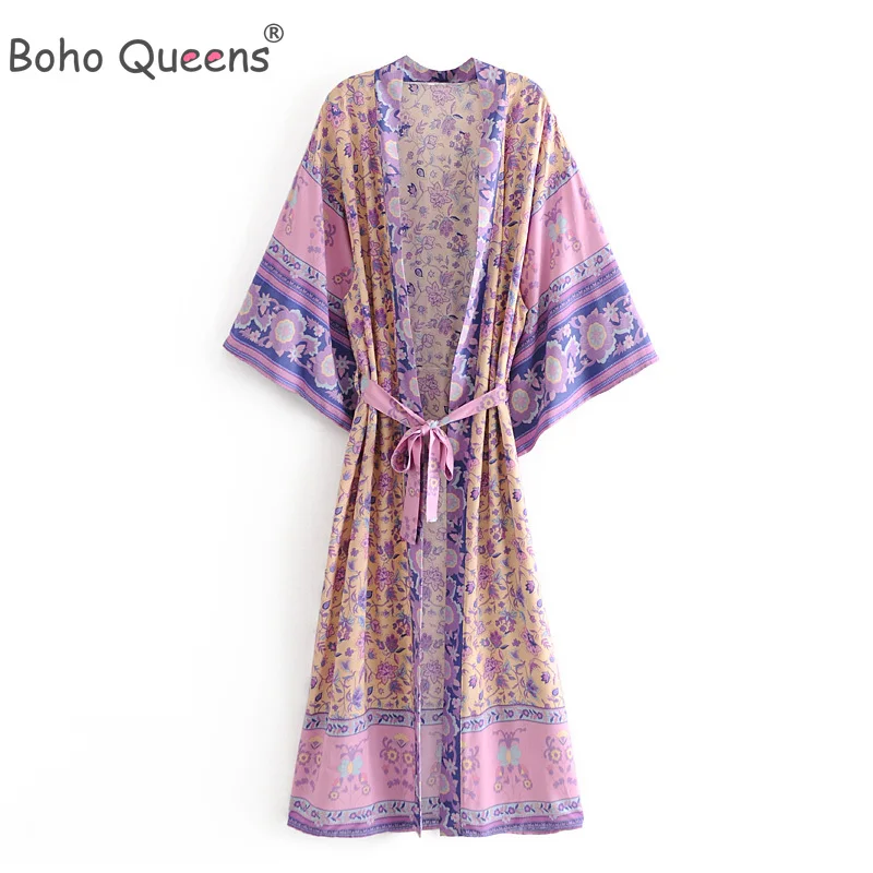 Boho Queens Vintage Chic Women Floral Print Sashes Bohemian Kimono Ladies V Neck Batwing Sleeves Rayon Maxi Robe Cover-up