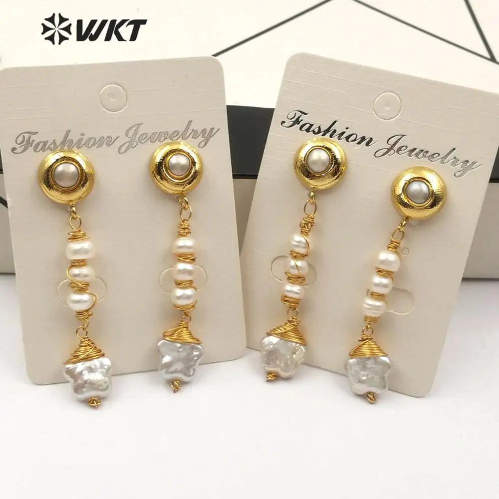 

WT-E554 Natural Freshwater Pearl Earring Cute Flower Shape Pearl Pendant With Brass Wire Wrapped Pearl Earring