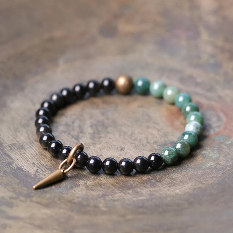 Red Natural Stone Moss Ocean Multi Color Mixed Beaded Strand Bracelet Copper Vajar Charm Black Obsidian Dainty Jewelry
