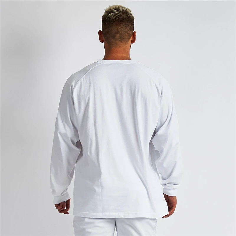 Mens Loose Oversized Fit Long Sleeve T-shirt With Dropped Shoulder Retro Fitness T Shirt Autumn Gym Bodybuilding Tops Tees