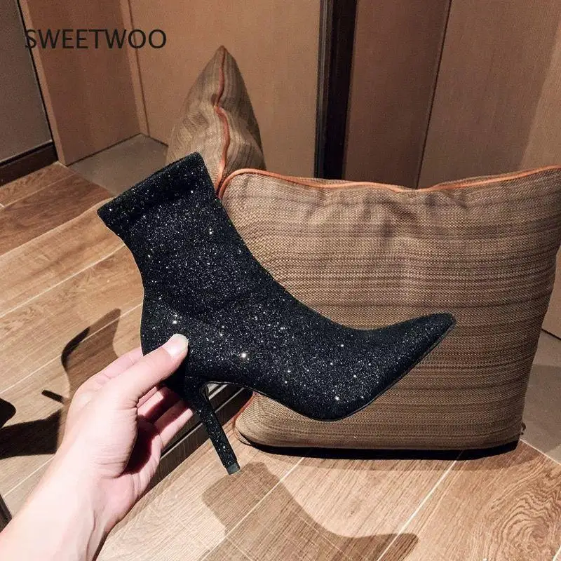 2021 New Autumn Bright Diamond High Heel Women's Shoes Pointed Toe Stiletto Boots Black Stretch Thin Socks Boots Marti Boots