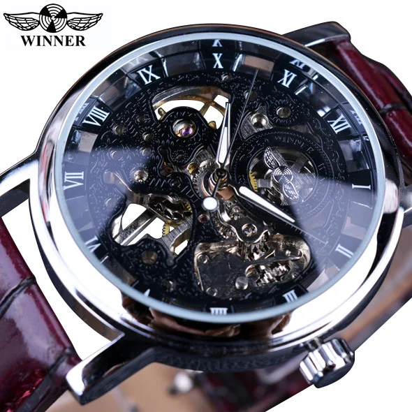 2021 Fashion Winner Top Brand Transparent Luxury Gold Case Casual Design Brown Leather Men Student Watch Mechanical Skeleton