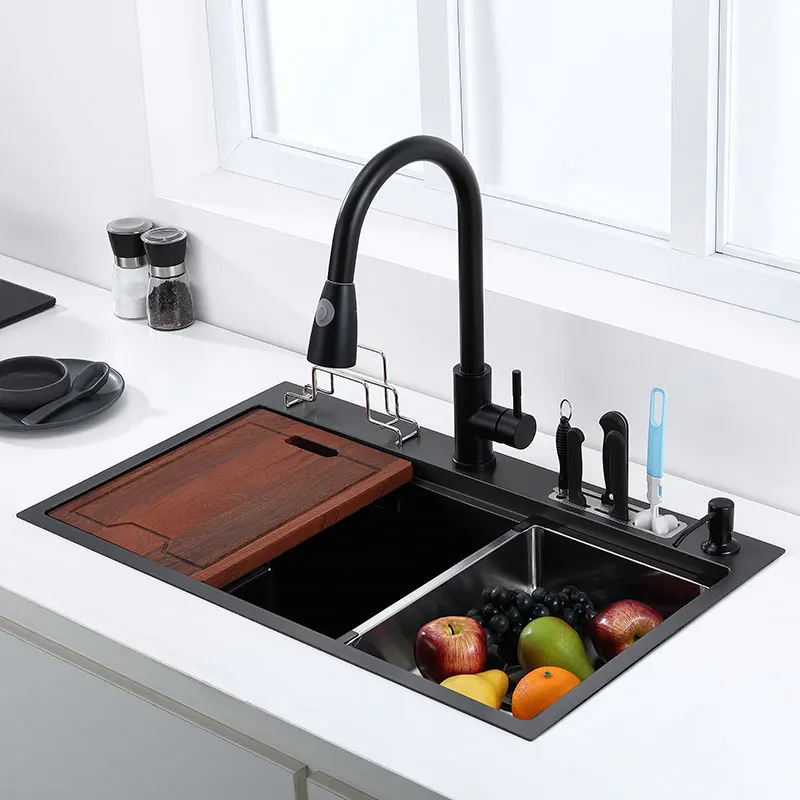 Black High and low sink kitchen sink With knife holder vegetable washing basin With cutting board stainless steel pia black sink