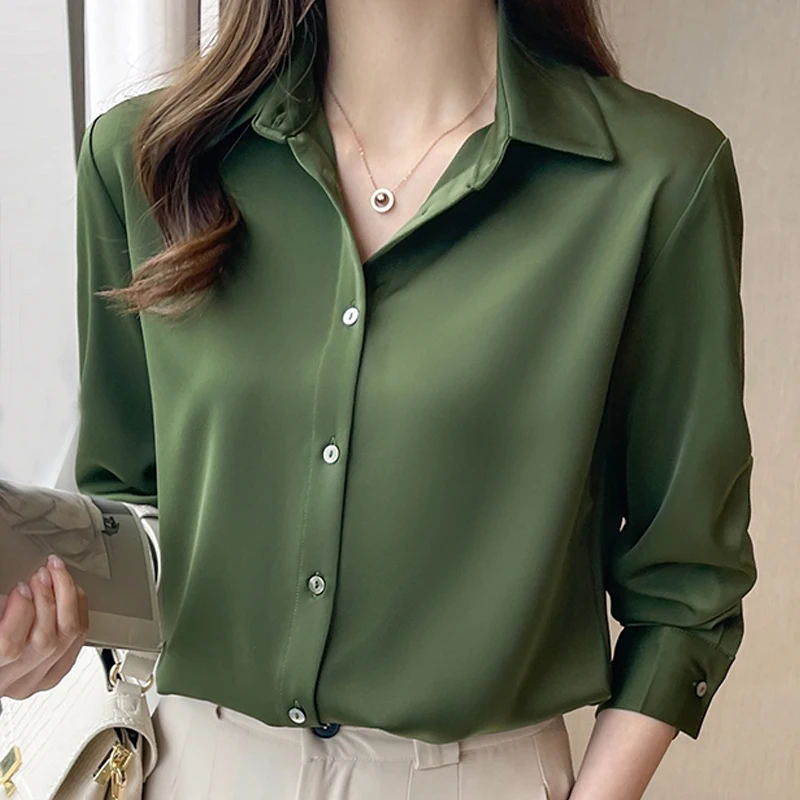 Blusas Blouses Femme Long Sleeve Green White Blouse Women Tops Blouse Women Blusas Mujer De Moda 2024 Chiffon Blouse Shirt E678