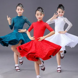 Girls long sleeve Latin Dance Skirt Ballroom Salsa Tango Skirts Kid Child Lace Latin Dance Split Dress With Leotard and Skirt