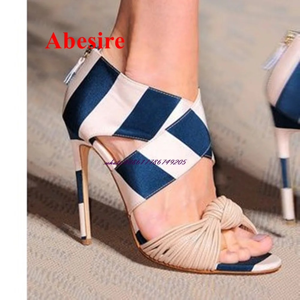 Peep Toe Knot Thin Heel Sandals Striped High Heel Back Zipper New Arrival Fashion Women Shoes Summer Big Size Party Shoes