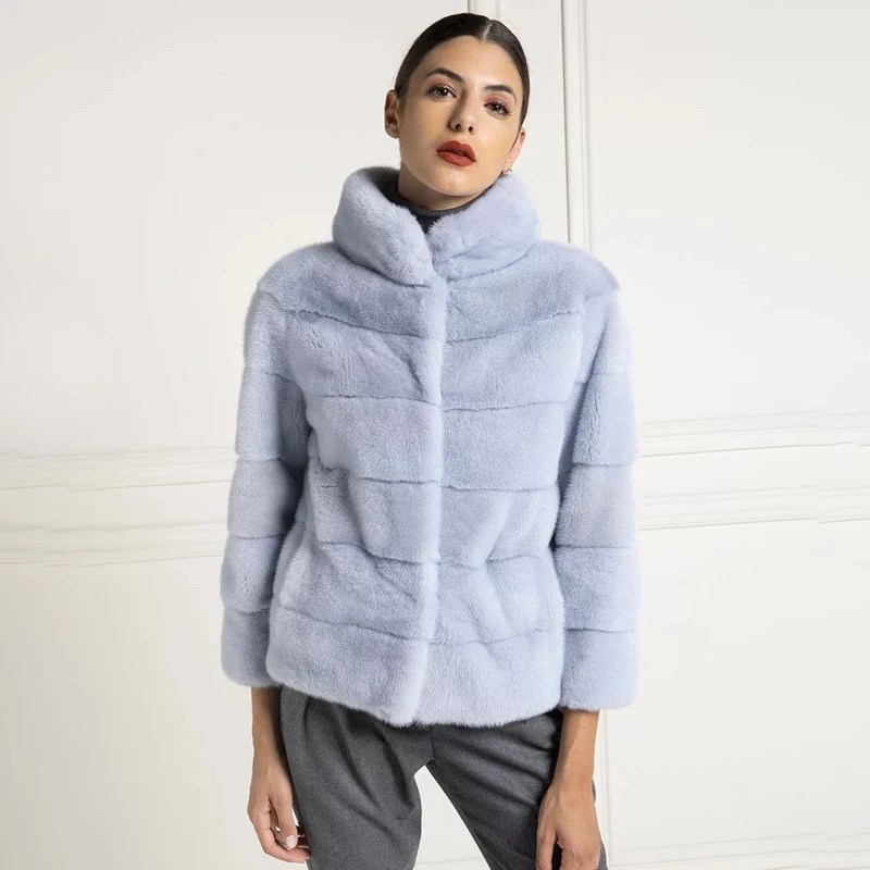 TOPFUR New Mink Fur Coat Woman Leather Jacket Winter Coat Women Real Fur Coat With Collar Plus Size Short Jacket Light Blue