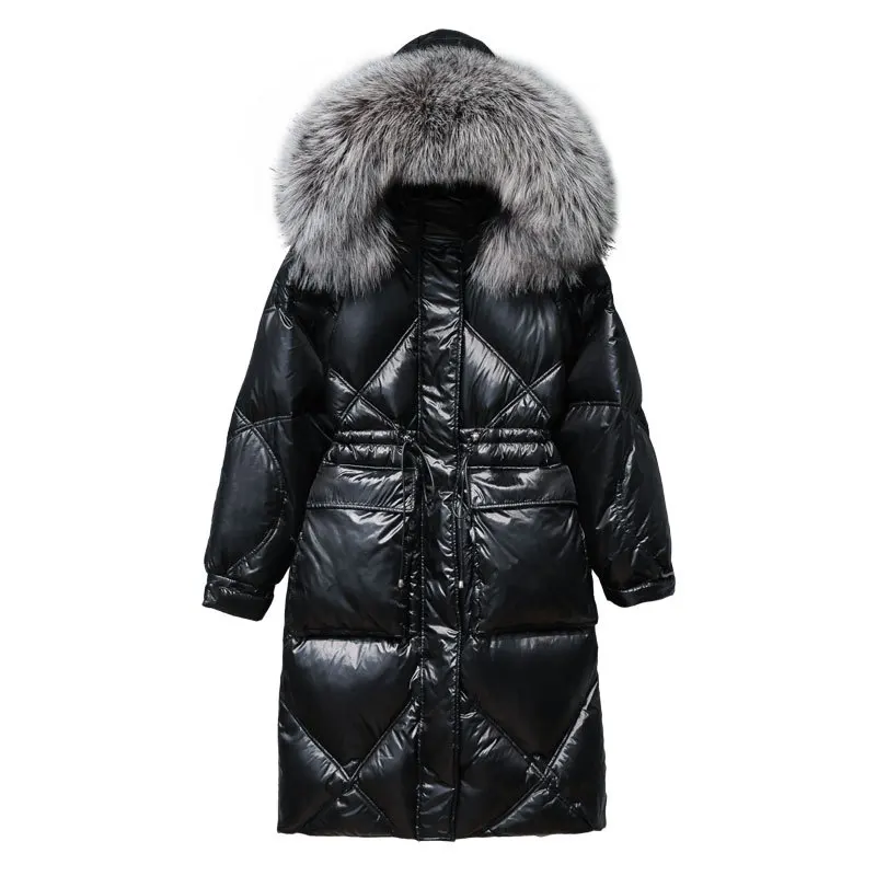 Silver bright face down jacket women\'s mid-length autumn and winter down slim body slimming waist fashion