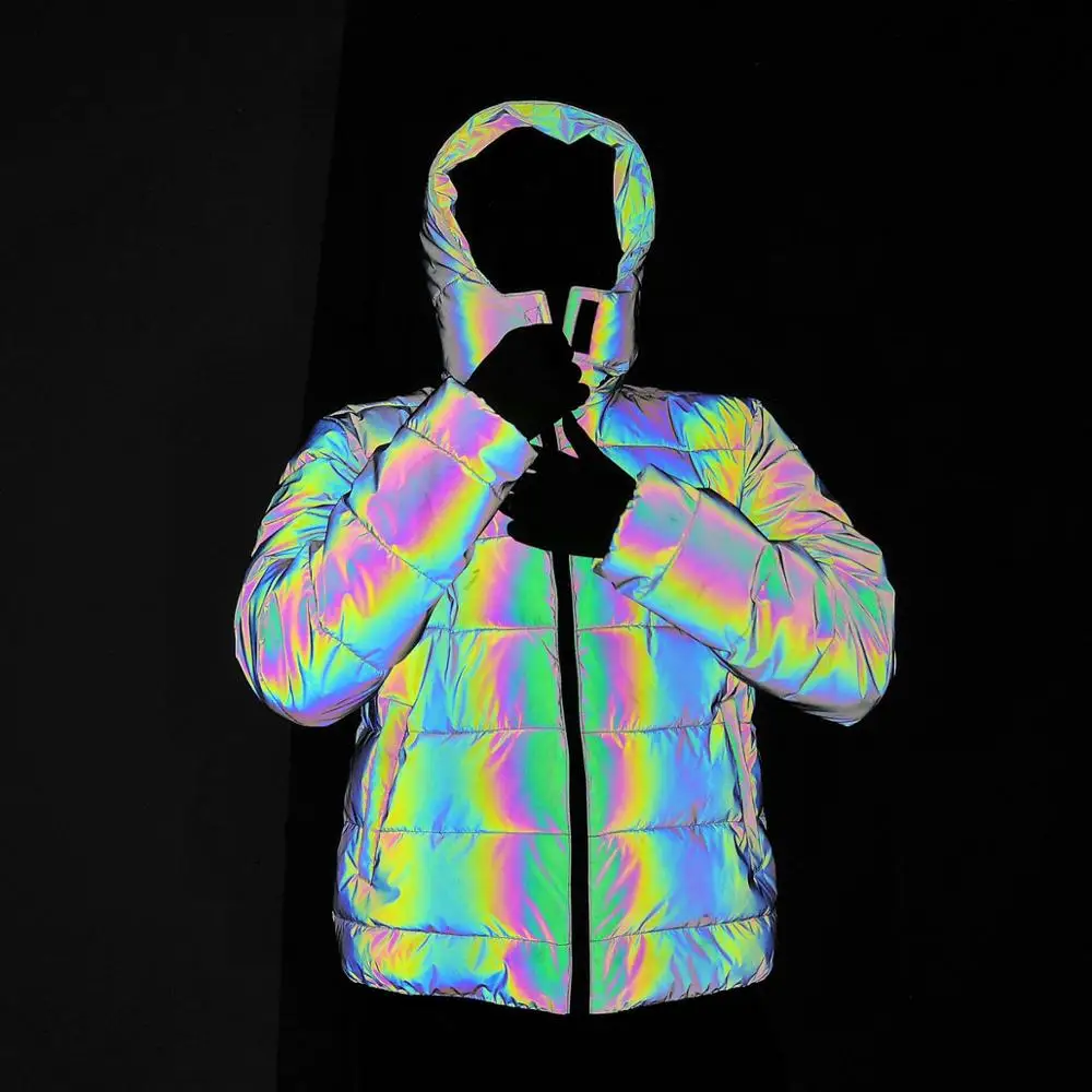 Women Colorful Rainbow Reflective Winter Jacket Windbreaker Reflecting Glow Hooded Parka Young Men Warm Padded Coat DropShipping