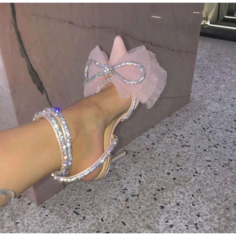 Brand Fashion Big Bowknot Women Pumps Luxury Crystal Satin High heels Party Prom Shoes Ankle Strap Summer Wedding Bridal Shoes