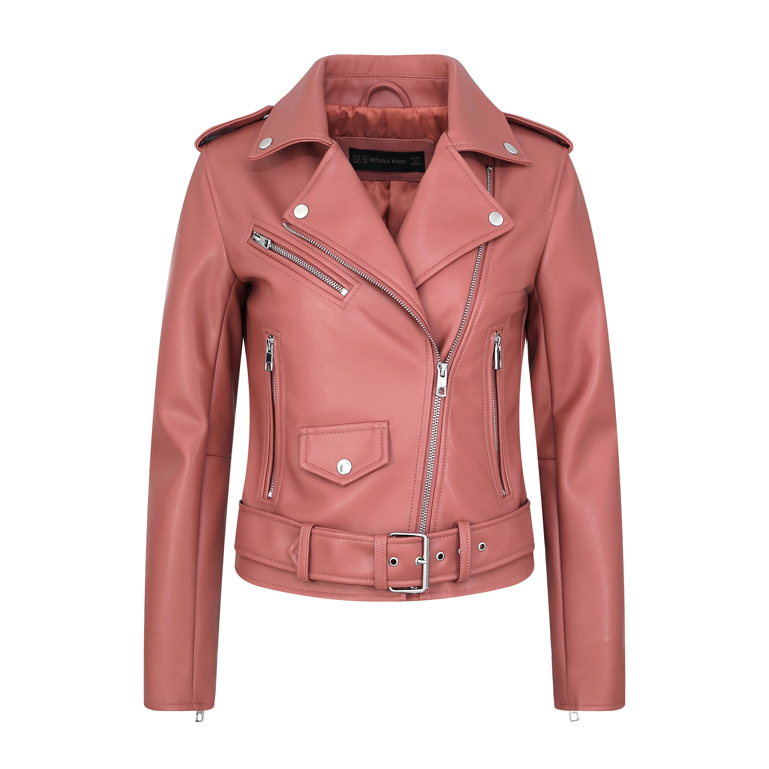 New Women Spring Autumn Beige Black Pink Faux Leather Jackets Zipper Basic Coat Turn-down Collar Motor Biker Jacket With Belt