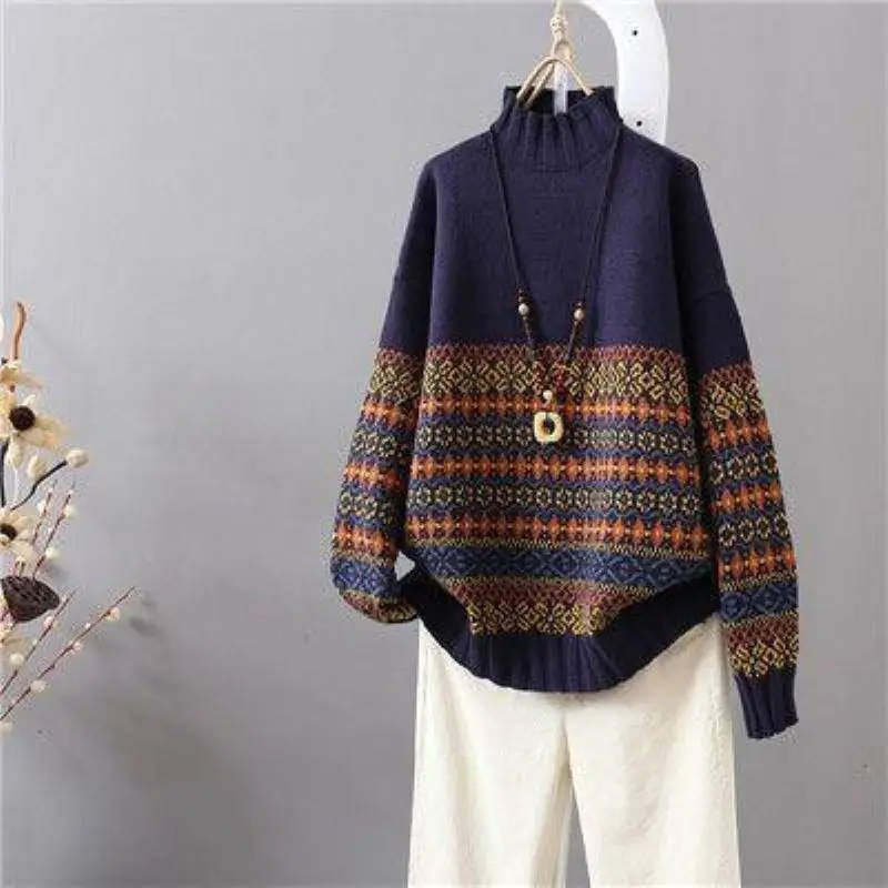 Half High Neck Pullover Sweater Retro Jacquard Loose Female Autumn And Winter New Long-sleeved Color Matching Knitted Top