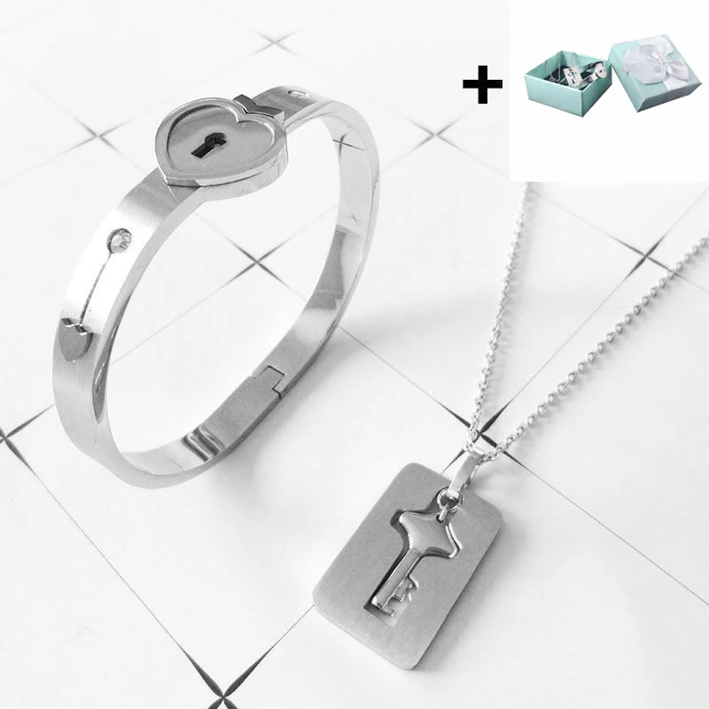 

A Couple Lovers Jewelry Love Heart Lock Bracelet Stainless Steel Bracelets Bangles Key Pendant Necklace Jewelry With Gift Box