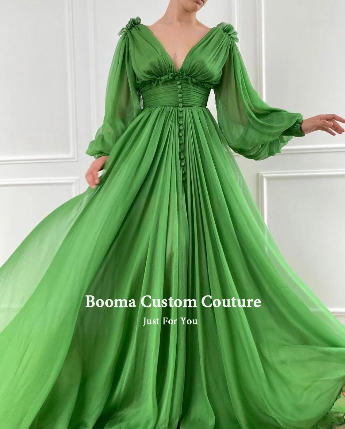 Booma Green V-Neck Prom Dresses Long Puff Sleeves Pleated Slit Skirt Prom Gowns Ruched Waist Buttoned Wedding Party Dresses