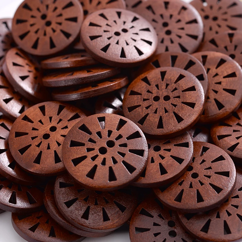 New 25mm 30Pcs Hollow Flower Pattern Wooden Buttons Round Brown Pattern Buttons DIY Crafts Scrapbooking For Sewing Accessories