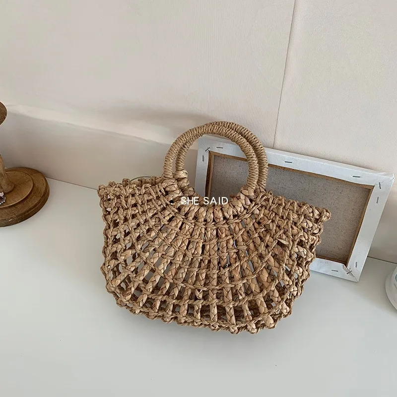 NEW Fashion Women Tote Bag Rattan Cotton Rope Hollow Straw Woven Summer Beach Bag Casual Handmade Female Shoulder Bags Sac