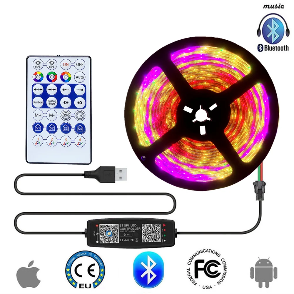 LED 스트립 조명, RGB 5050 스트링, 유연한 램프 테이프, DC 5V, USB 블루투스 제어, TV 백라이트, 홈 파티 장식, WS2812B, 1M-5M