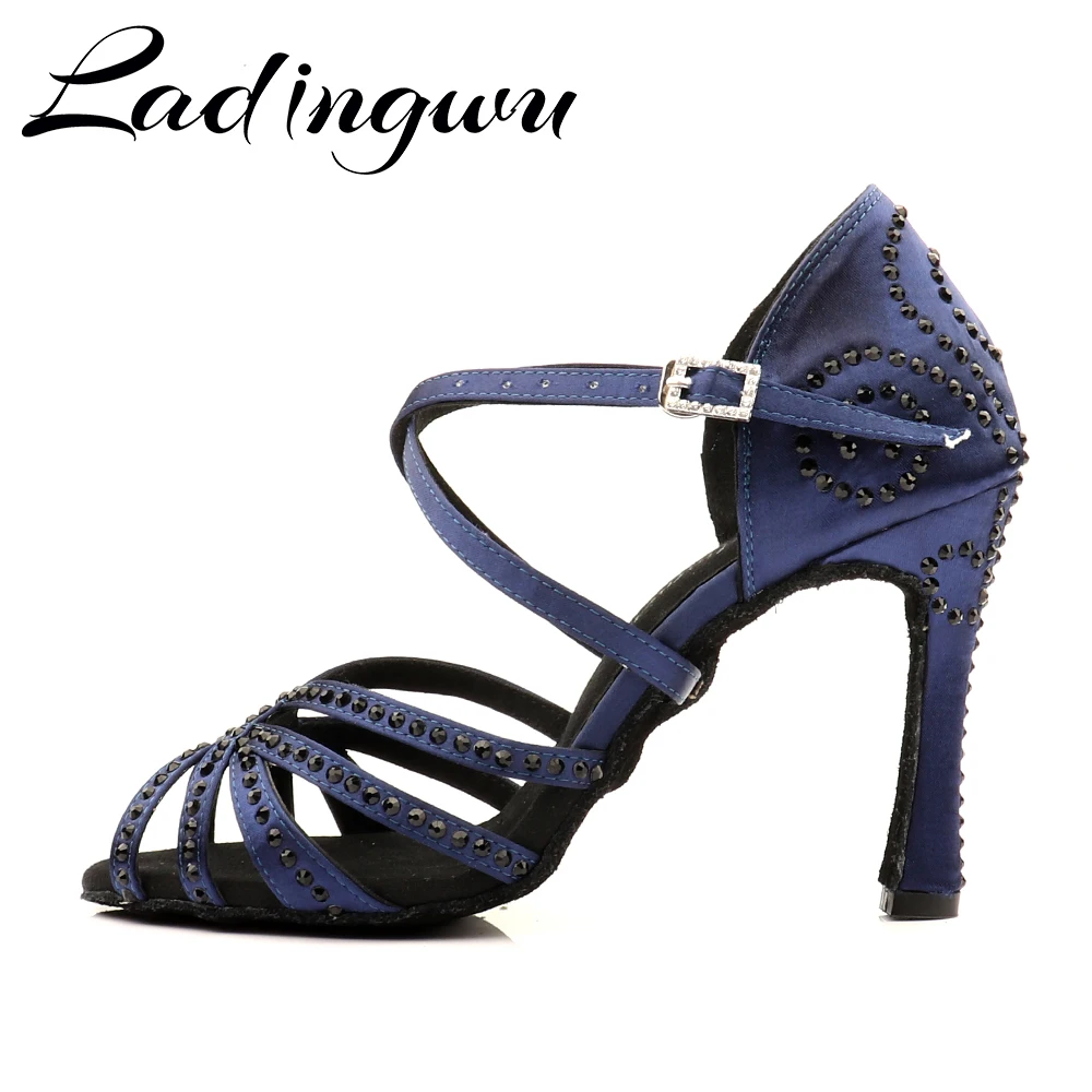 Ladingwu-zapatos de baile latino para mujer, sandalias deportivas de satén azul marino con tacón, para Salsa y salón