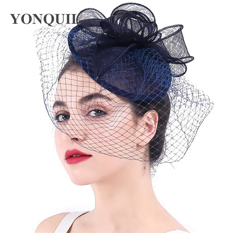 

Sombrero Navy Blue Women Linen Fascinator Net Wedding Hair Accessories Flowers Bridal Face Veils Femme Ladies Mariage Headwear