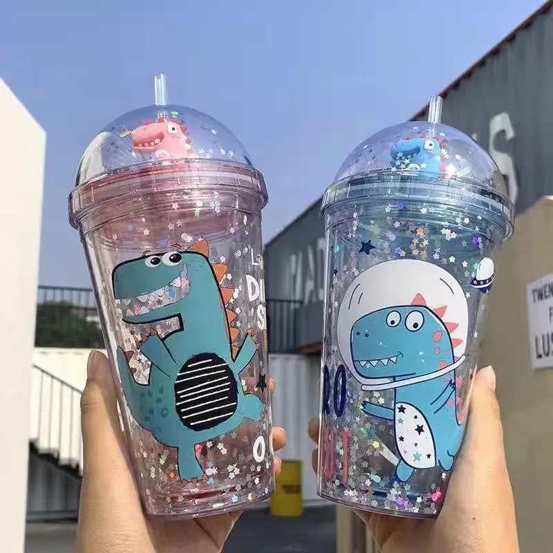 Children's Dinosaur Straw Cup Cute Cartoon Fun Double Plastic Water Bottle Creative Personality Student Girl Gift Drinking Cup