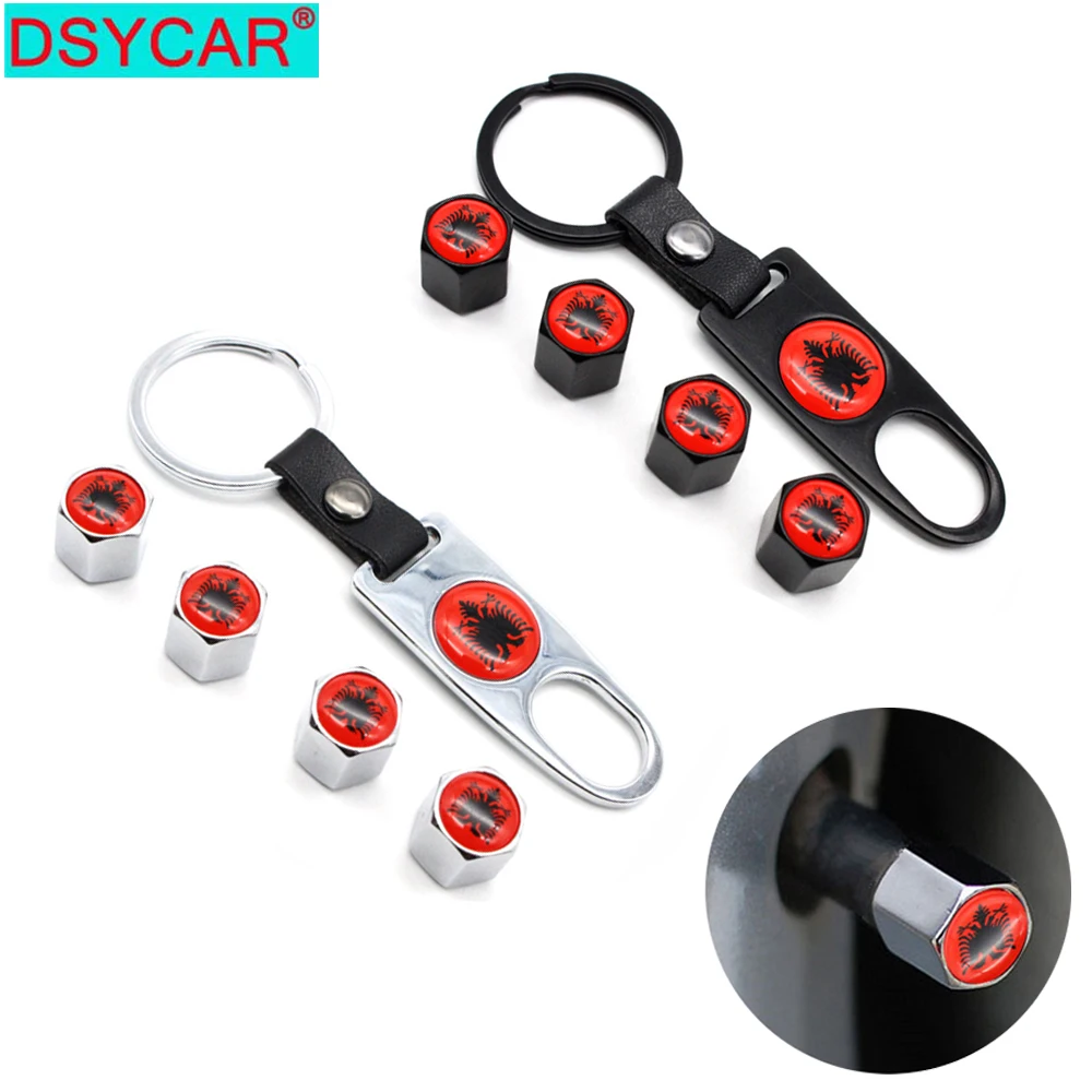 DSYCAR 4Pcs Zinc Alloy Albania flag Car Wheel Tire Valve Caps Air Cover+1Pcs Leather Buckle Wrench Car Styling Accessories New