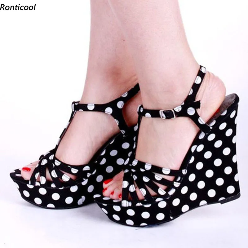 

Ronticool 2021 Handmade Women Summer Sandals Polka Dot Pattern Wedges High Heels Open Toe Pretty Black Party Shoes US Size 5-13