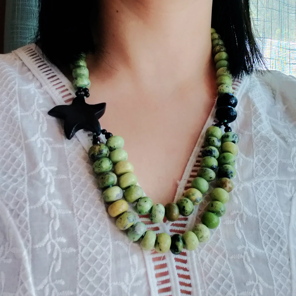 Lii Ji Real Stone Africa Turquoises Red Coral Black Jades Star Necklace Onyx Women Necklace Jewelrt Gift 62cm/24''