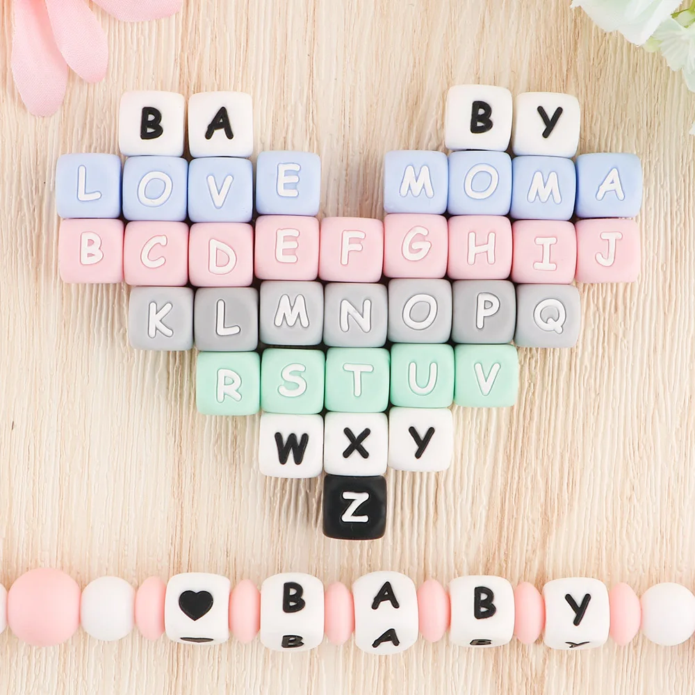 12MM 100Pcs English Letter Silicone Bead Alphabet DIY Personalized Name Necklace Pacifier Chain Accessories Chewing Bead Kovict