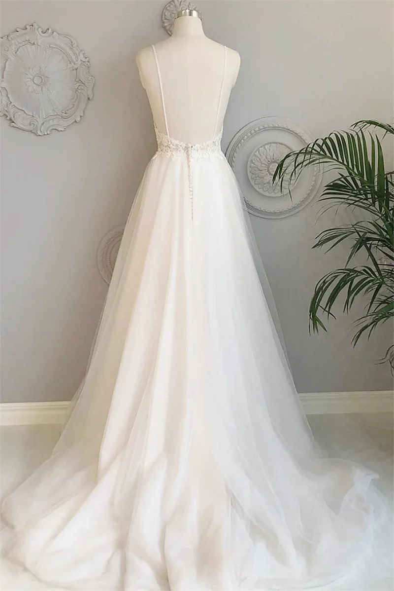 Robe de soirée Chic et élégante, tenue de soirée Simple, bretelles Spaghetti, col en v, ligne a, pour la plage, mariage, dos nu, 2021