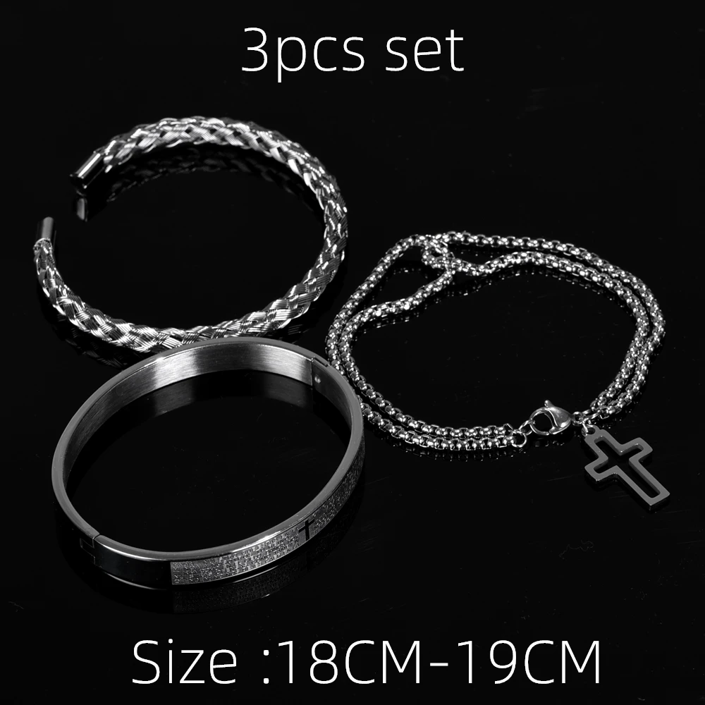 Luxury 3pcs/Set Stainless Steel Cross Bracelet  Men Jewelry Charm Open Brangle Carving Spanish Scripture Pulseira Bileklik