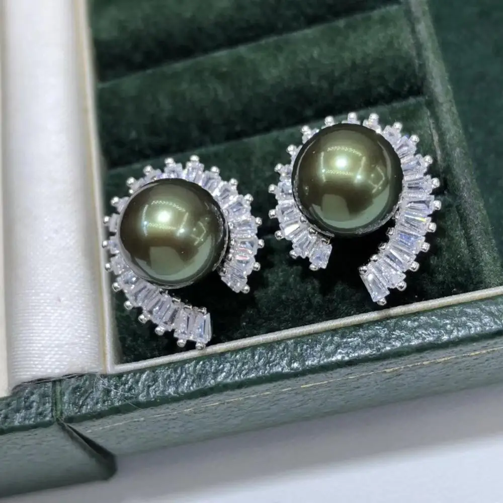 

D528 Pearl Earrings Fine Jewelry 925 Sterling Silver Round 9-10mm Nature Fresh Water Peacock Green Black Pearls Stud Earrings