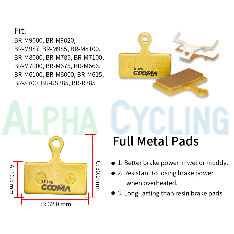 Bicycle Disc Brake Pads for Shimano M985, M988, Deore XT M785, SLX M666, M675, Deore M615, Alfine S700, 10 Pairs, Full Metal